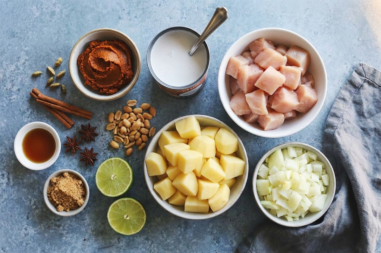 Measured ingredients for massaman curry including coconut milk, curry paste, chicken, potatoes, onion, peanuts, lime, and spices arranged on a clean kitchen counter