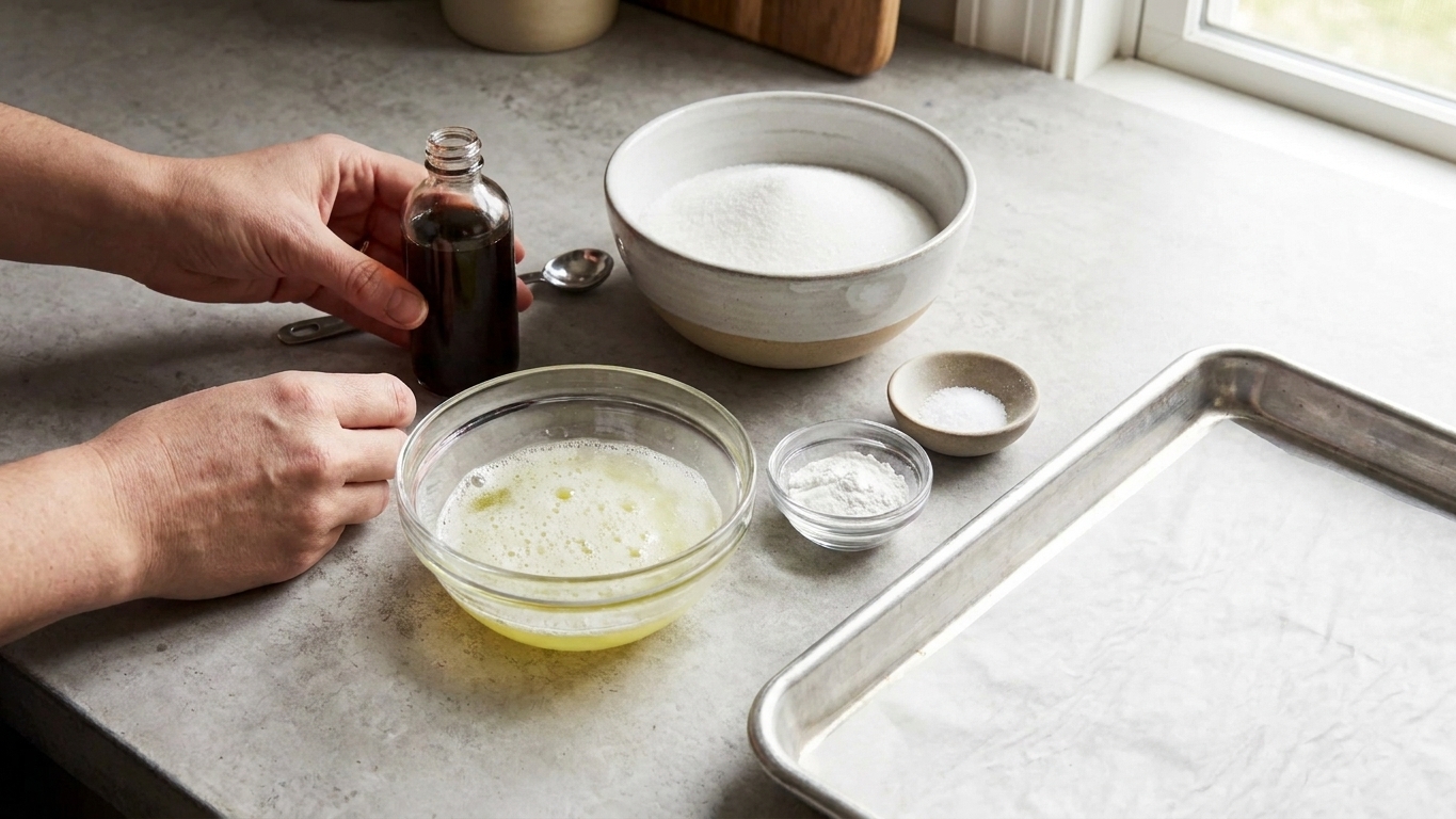Measured ingredients for meringue cookies including egg whites in a small bowl, granulated sugar, vanilla extract, cream of tartar, and a pinch of salt arranged on a kitchen counter
