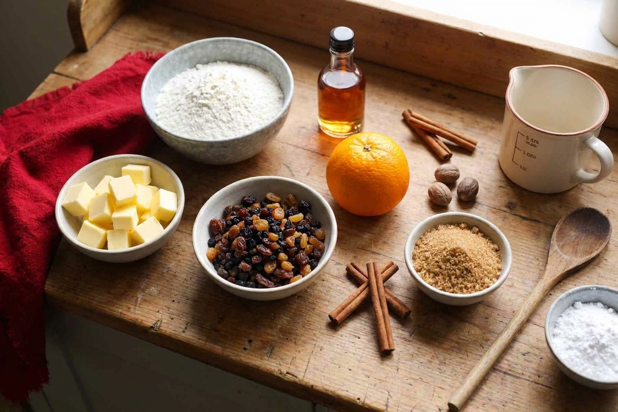 Measured ingredients for mince pies on a kitchen counter, including flour, butter, dried fruit, sugar, oranges, spices, and a small bottle of brandy