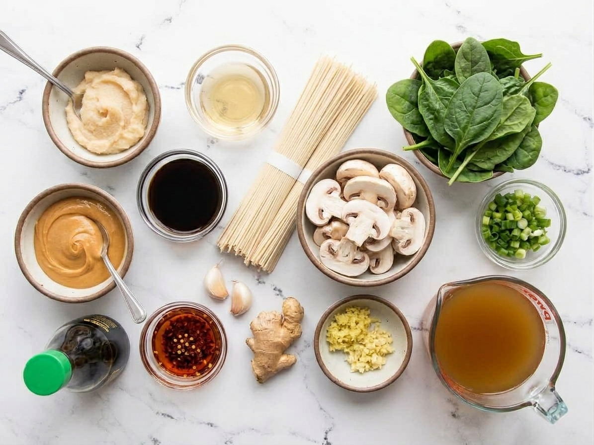 Measured ingredients for miso peanut ramen on a light kitchen counter, including ramen noodles, miso paste, peanut butter, soy sauce, garlic, ginger, mushrooms, greens, scallions, and broth