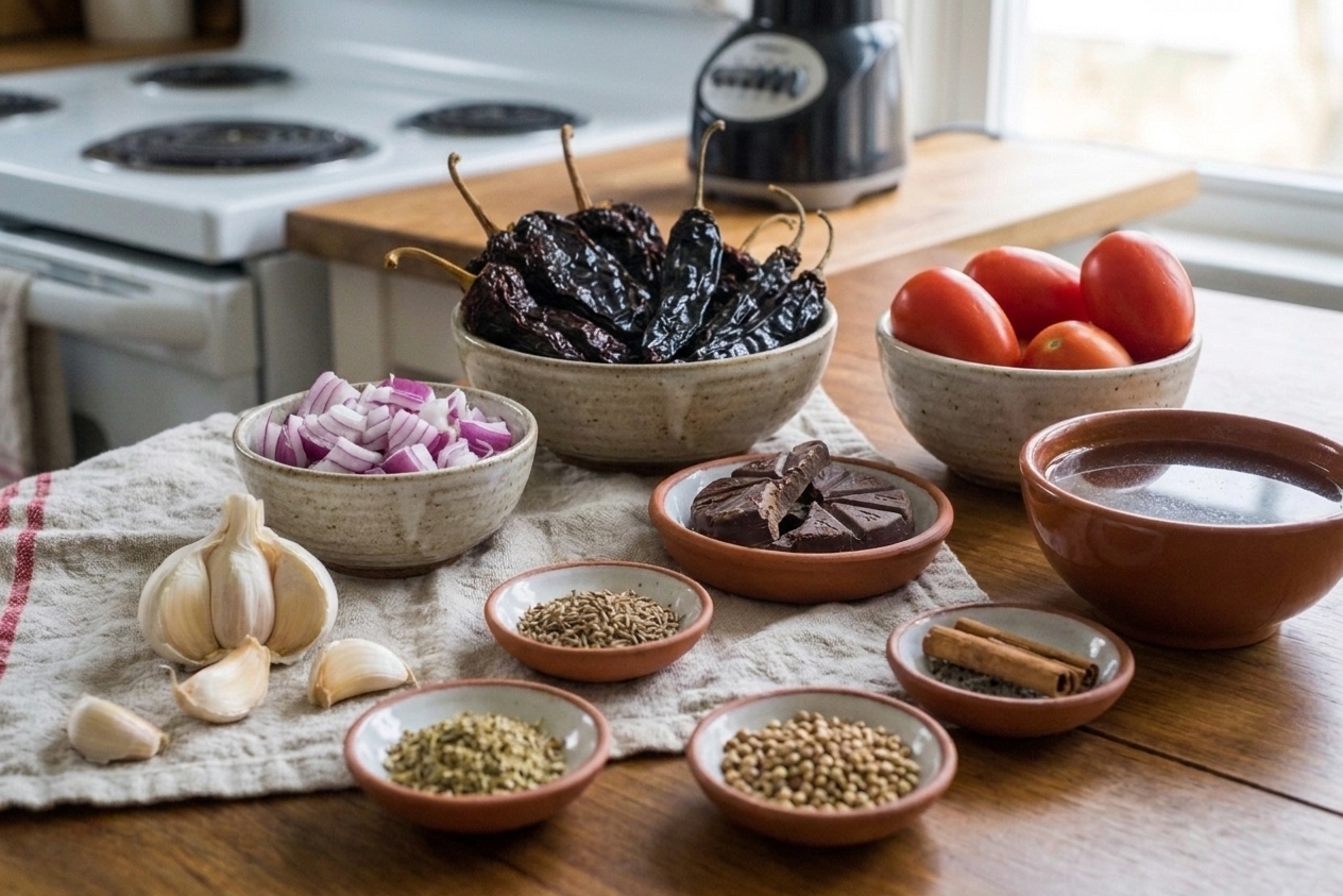 Measured ingredients for mole sauce on a kitchen counter including dried chiles, onion, garlic, spices, chocolate, tomato, and broth in small bowls under warm light