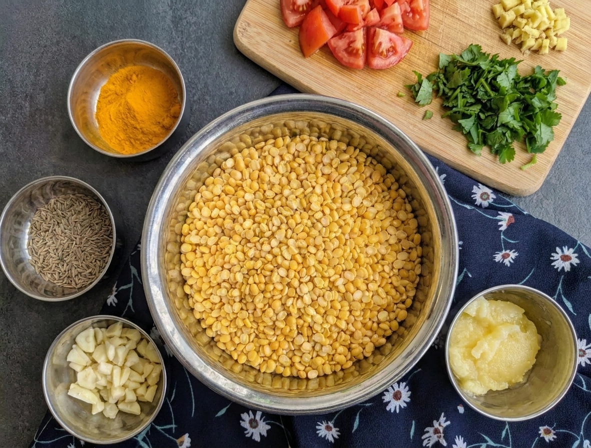 Measured ingredients for moong dal tadka on a kitchen counter including split yellow lentils, tomato, ginger, garlic, cumin seeds, turmeric, ghee, and cilantro