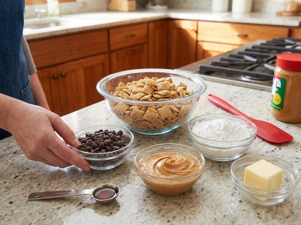 Measured ingredients for muddy buddy on a bright kitchen counter including cereal squares, chocolate chips, peanut butter, powdered sugar, vanilla, and butter in small bowls