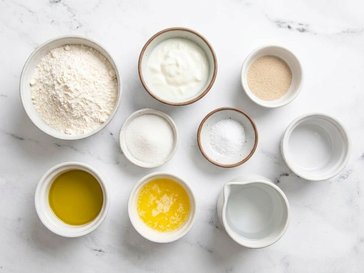 Measured ingredients for naan including flour, yogurt, yeast, sugar, salt, olive oil, melted butter, and warm water arranged on a kitchen counter