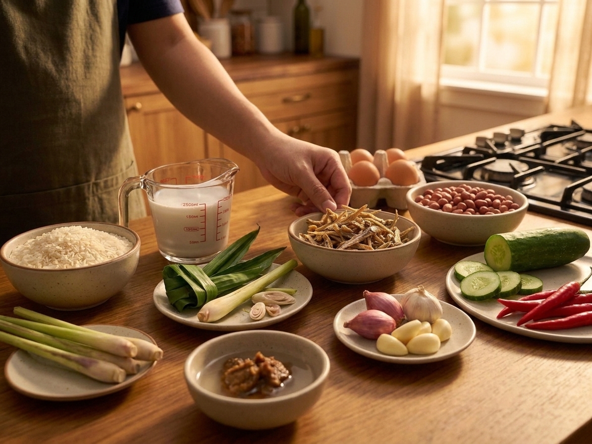 Measured ingredients for nasi lemak on a kitchen counter including jasmine rice, coconut milk, pandan leaves, lemongrass, dried anchovies, peanuts, eggs, cucumber, shallots, garlic, chilies, and tamarind paste
