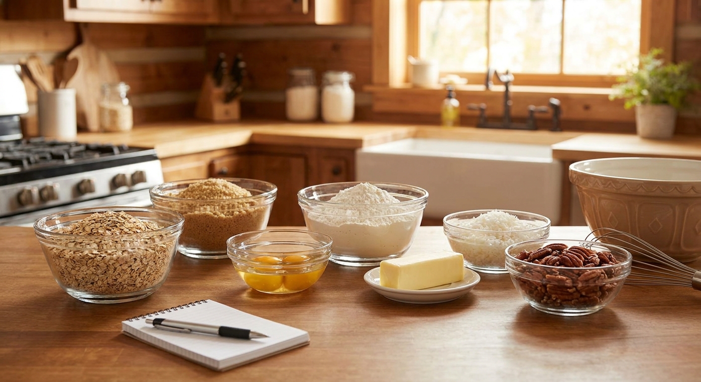 Measured ingredients for oatmeal cake including rolled oats, brown sugar, flour, eggs, butter, coconut, and pecans