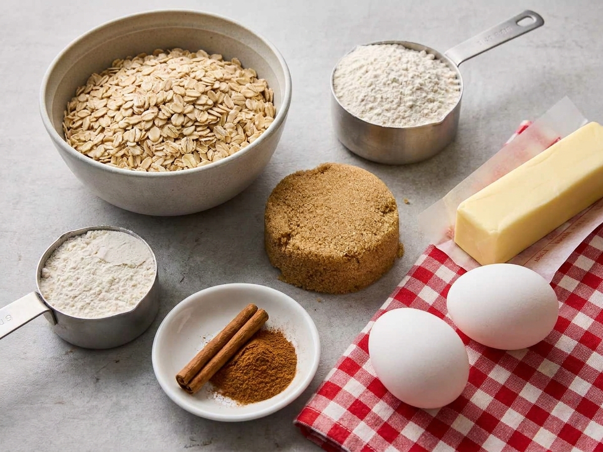 Measured ingredients for oatmeal cookies including rolled oats, flour, brown sugar, butter, eggs, and cinnamon