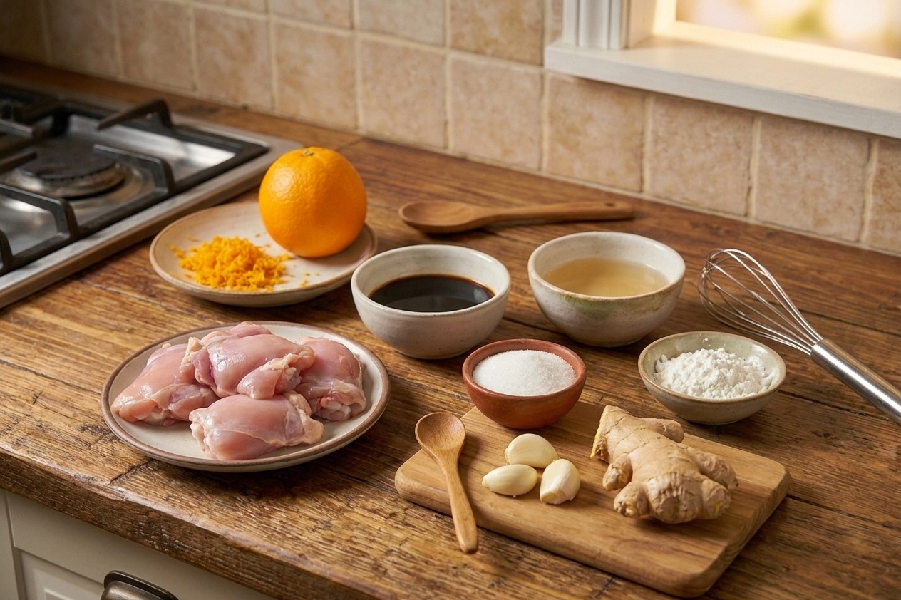 Measured ingredients for orange chicken on a light kitchen counter including chicken pieces, orange zest, soy sauce, vinegar, sugar, garlic, ginger, and cornstarch in small bowls