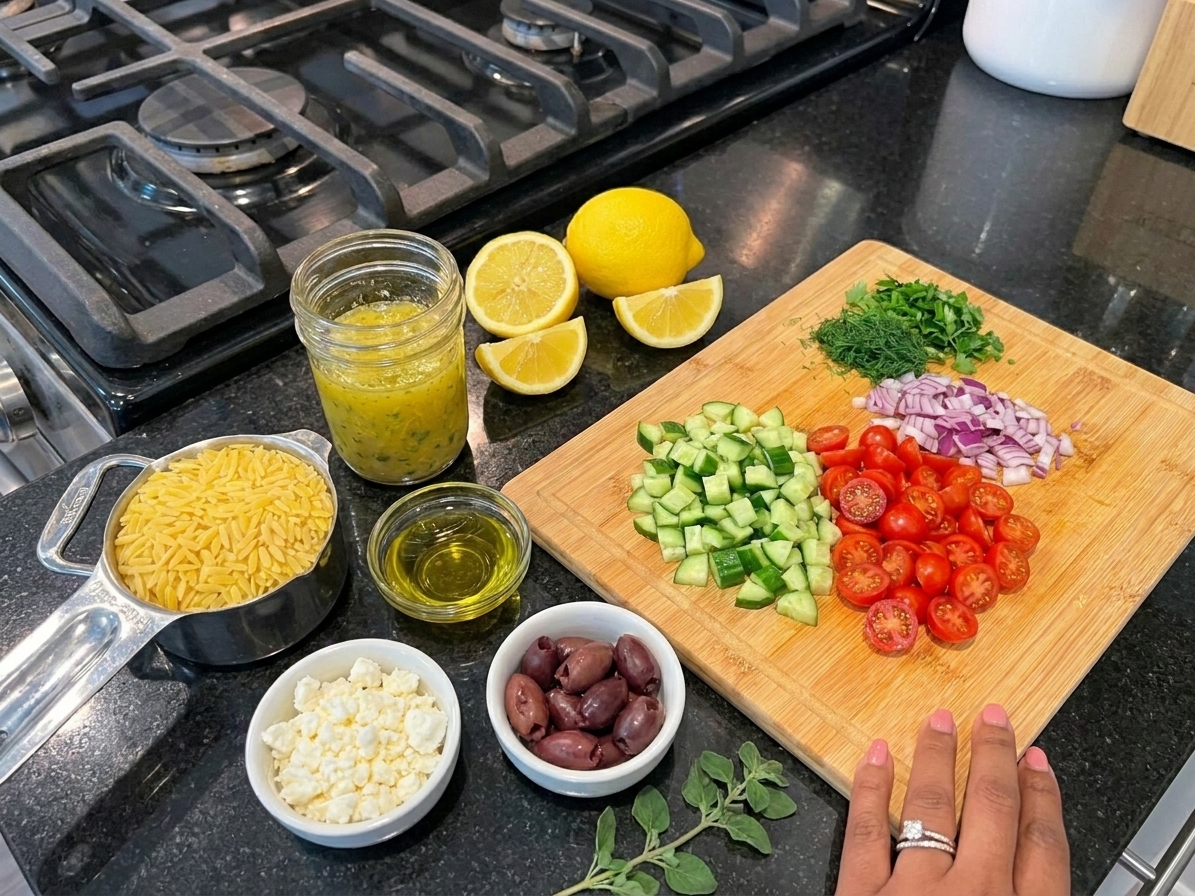 Measured ingredients for orzo pasta salad including dry orzo, lemon, olive oil, cucumbers, cherry tomatoes, feta, olives, and fresh herbs arranged on a clean kitchen counter