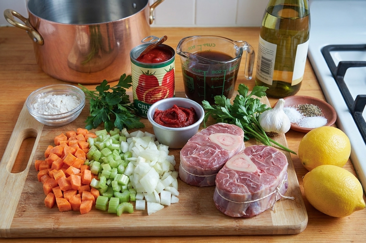 Measured ingredients for osso buco including veal shanks, diced mirepoix, tomato paste, crushed tomatoes, stock, white wine, parsley, and lemons laid out on a bright kitchen counter