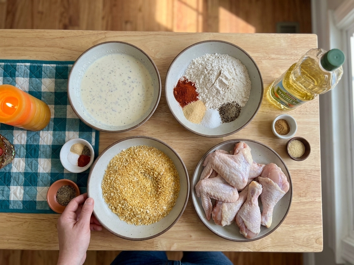 Measured ingredients for oven fried chicken on a light kitchen counter, including chicken pieces, buttermilk, flour, panko breadcrumbs, spices, and a bottle of neutral oil