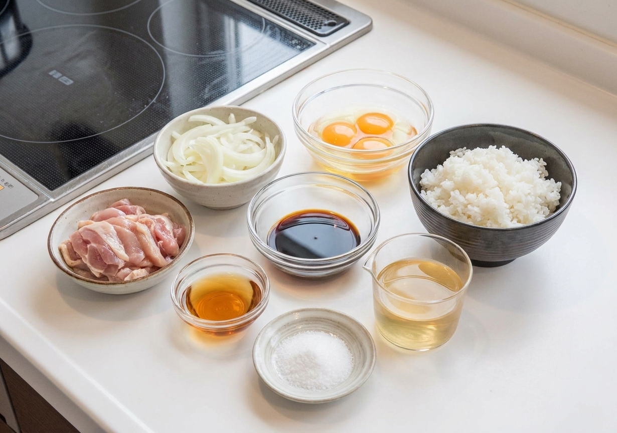 Measured ingredients for oyakodon including sliced chicken thighs, sliced onion, eggs, cooked rice, soy sauce, mirin, sugar, and dashi on a bright kitchen counter