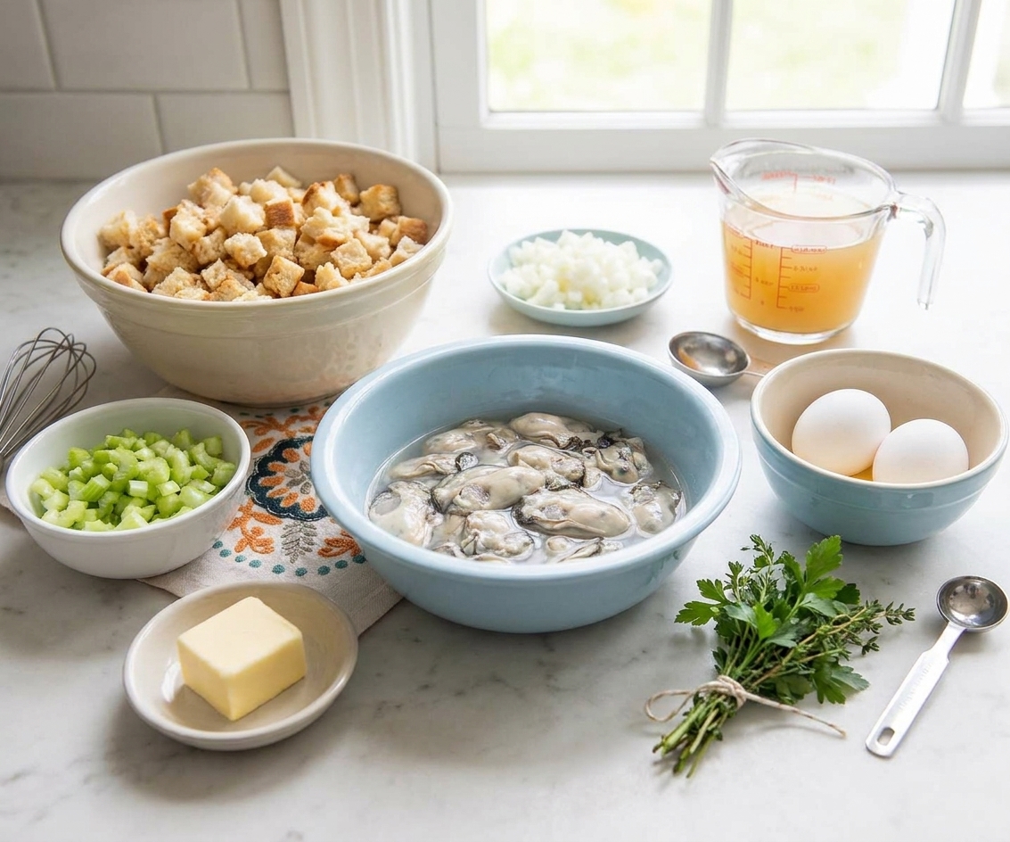 Measured ingredients for oyster stuffing on a kitchen counter including bread cubes, oysters, chopped celery and onion, herbs, butter, eggs, and broth