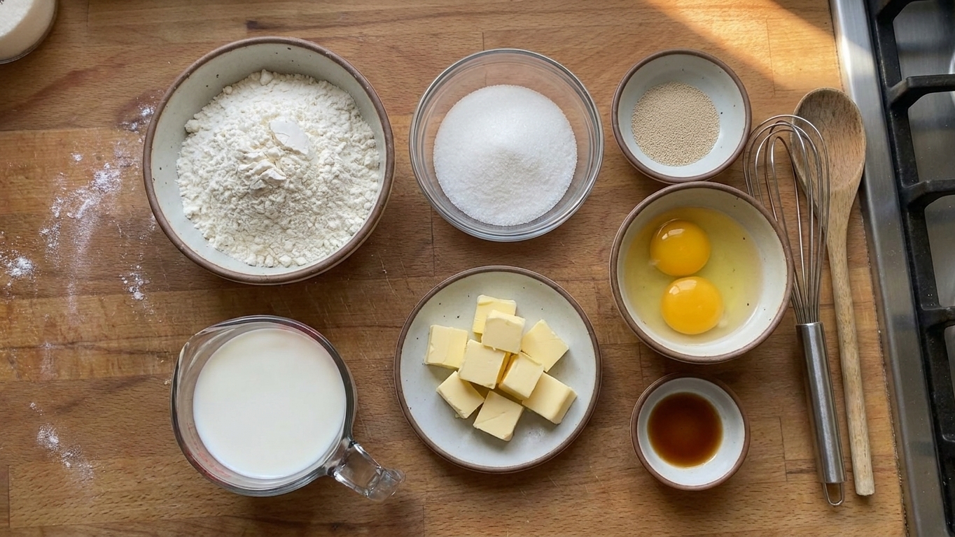 Measured ingredients for pan dulce on a kitchen counter, including flour, sugar, yeast, eggs, milk, butter, and vanilla in small bowls