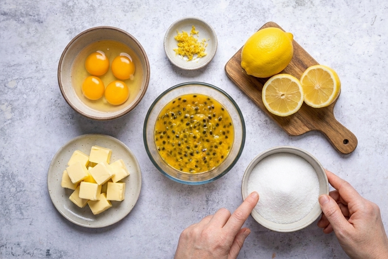 Measured ingredients for passion fruit curd on a kitchen counter including eggs, butter pieces, sugar, lemon, and a bowl of passion fruit pulp