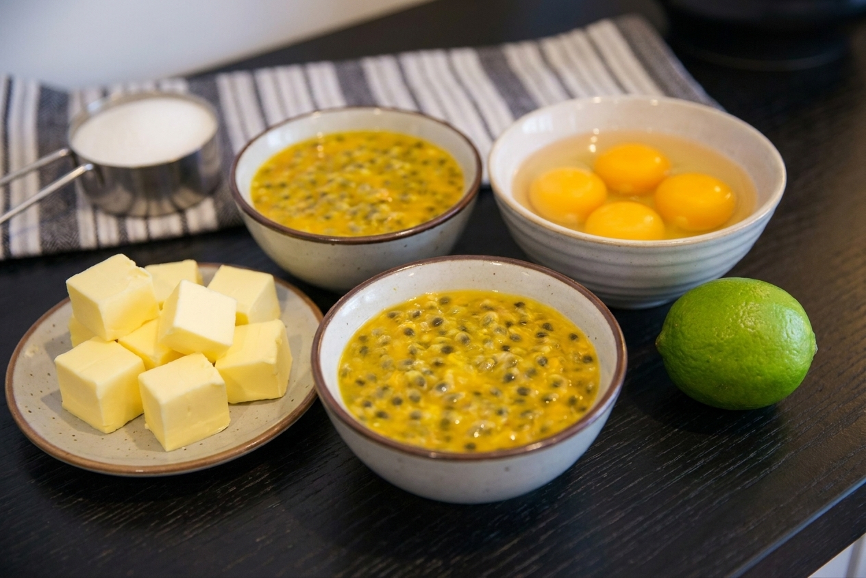 Measured ingredients for passionfruit curd on a kitchen counter including passionfruit pulp, eggs, butter cubes, sugar, and a lime