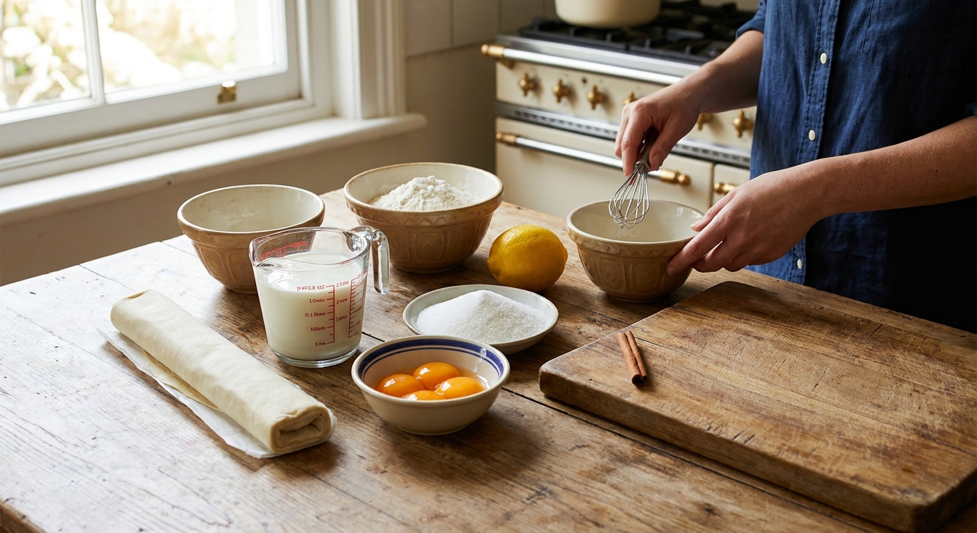 Measured ingredients for pastel de nata on a kitchen counter, including puff pastry, milk, egg yolks, sugar, flour, a lemon, and a cinnamon stick in warm, consistent natural light