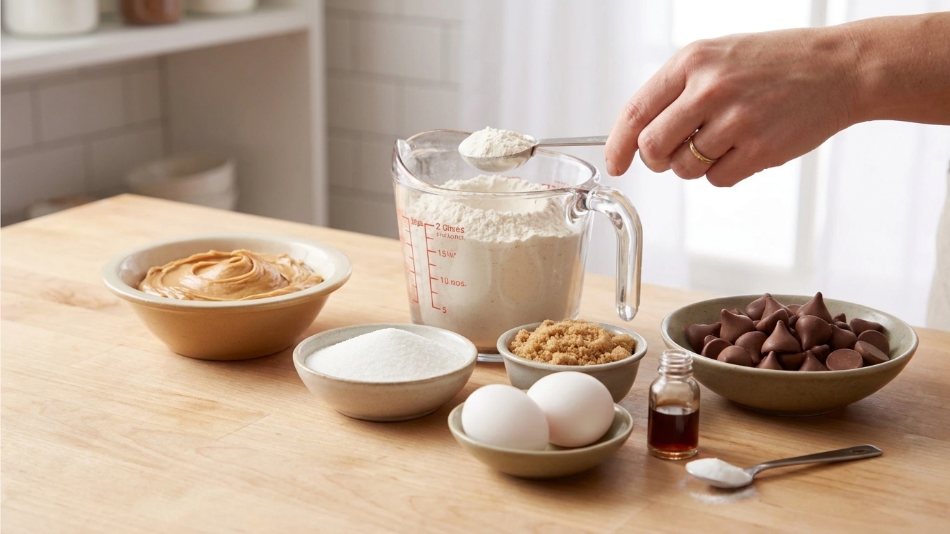 Measured ingredients for peanut blossom cookies on a light kitchen counter including peanut butter, flour, sugar, brown sugar, eggs, vanilla, baking soda, and a bowl of chocolate kisses