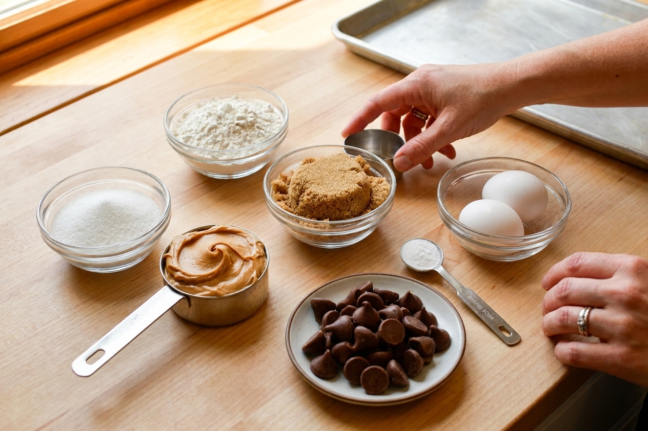 Measured ingredients for peanut butter blossoms on a kitchen counter, including flour, sugar, brown sugar, peanut butter, eggs, baking soda, and chocolate kisses