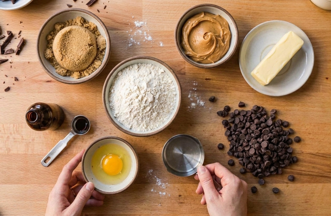 Measured ingredients for peanut butter chocolate chip cookies on a kitchen counter, including peanut butter, brown sugar, flour, butter, egg, vanilla, and chocolate chips