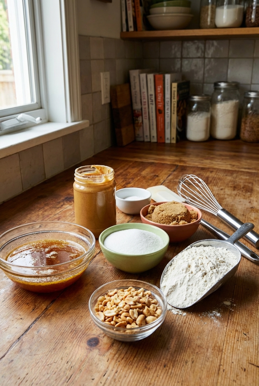Measured ingredients for peanut butter cookies on a countertop including browned butter, peanut butter, sugars, flour, and chopped peanuts