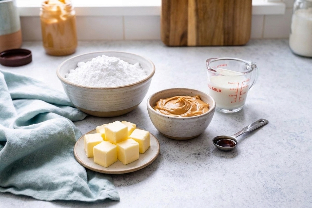 Measured ingredients for peanut butter frosting including peanut butter, powdered sugar, butter, vanilla extract, and milk arranged on a clean kitchen counter