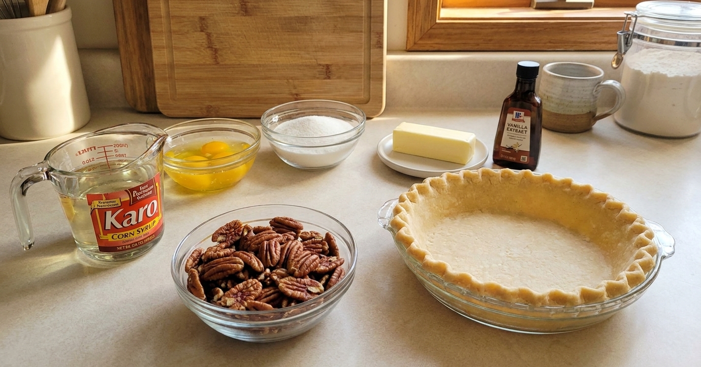 Measured ingredients for pecan pie including pecans, Karo syrup, eggs, sugar, butter, vanilla, and a pie crust on a tidy kitchen counter in warm light