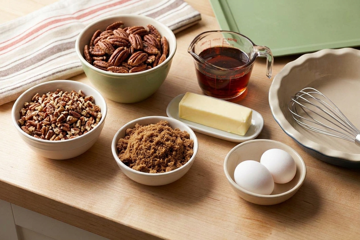 Measured ingredients for pecan pie including pecans, brown sugar, butter, eggs, and corn syrup arranged on a light kitchen counter