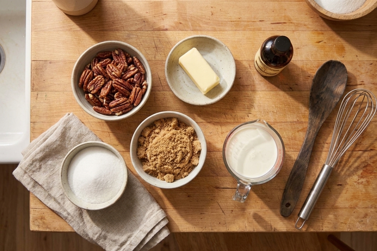 Measured ingredients for pecan pralines including pecans, brown sugar, granulated sugar, butter, cream, and vanilla on a neutral kitchen counter