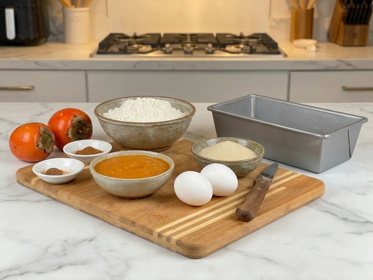 Measured ingredients for persimmon bread arranged on a kitchen counter including flour, spices, eggs, sugar, persimmon pulp, and a loaf pan