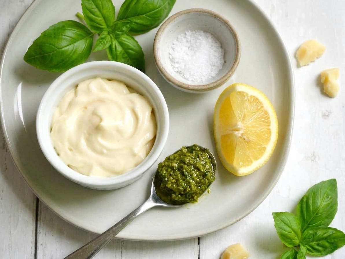Measured ingredients for pesto mayonnaise on a kitchen counter: a small bowl of mayonnaise, a spoonful of basil pesto, a lemon wedge, and a pinch bowl of salt