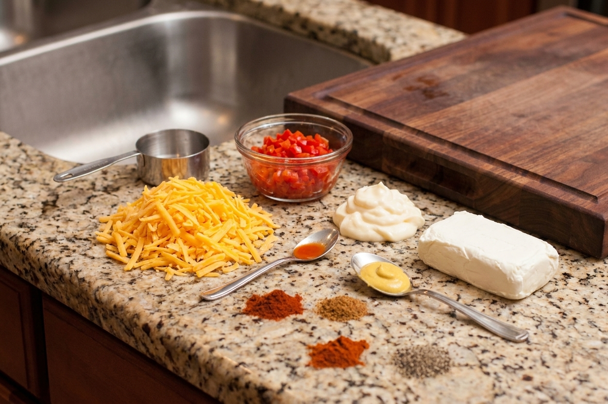 Measured ingredients for pimento cheese including shredded sharp cheddar, diced pimentos, mayonnaise, cream cheese, mustard, hot sauce, and spices arranged on a kitchen counter