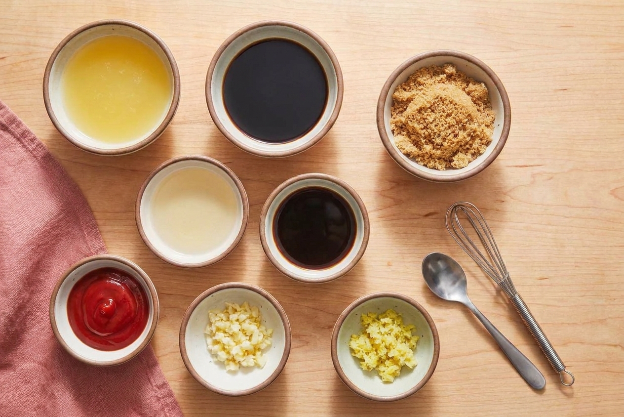 Measured ingredients for pineapple soy glaze including pineapple juice, soy sauce, brown sugar, vinegar, ketchup, minced garlic, and grated ginger on a tidy kitchen counter