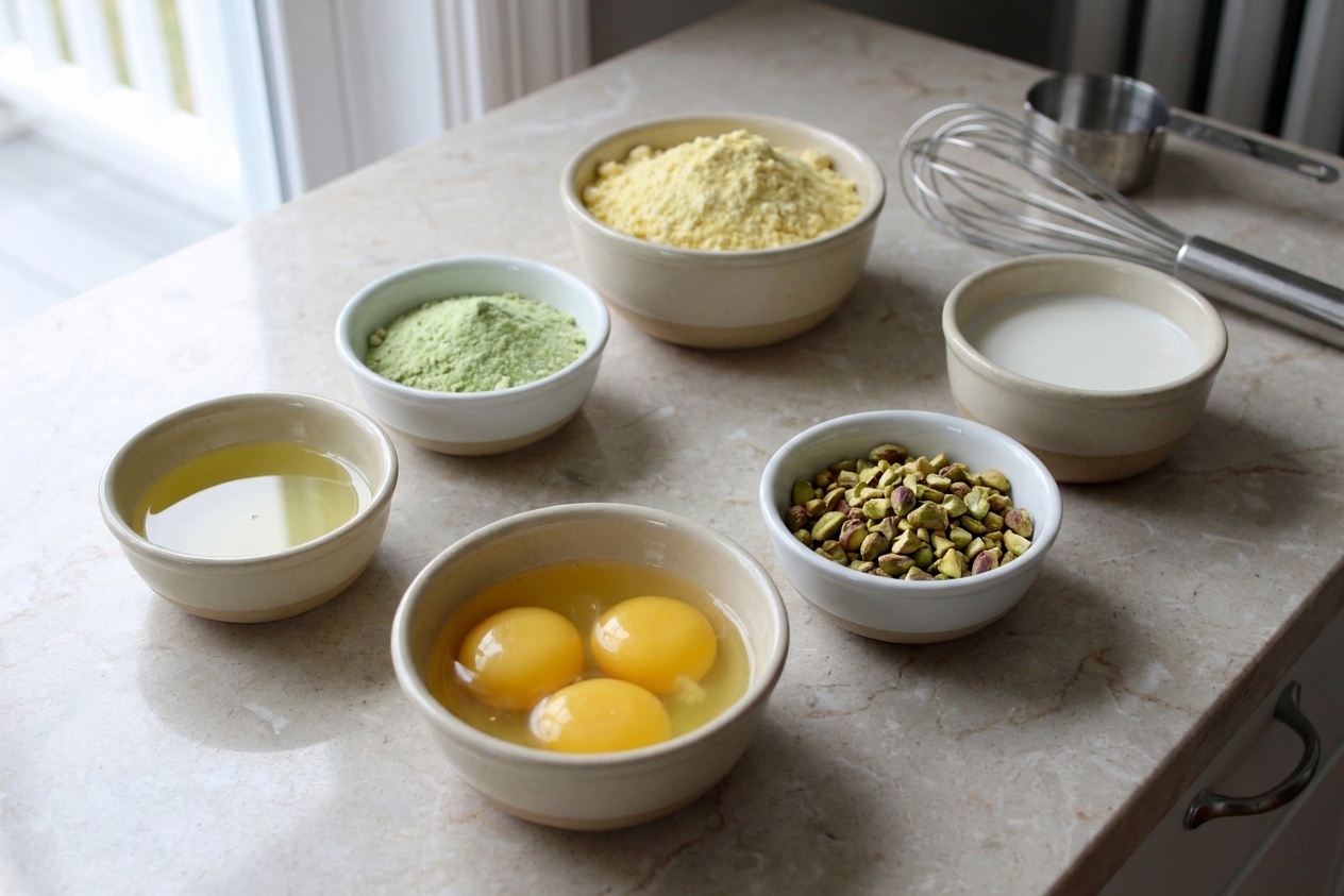 Measured ingredients for pistachio cake on a light stone kitchen counter, including pistachio pudding mix, cake mix, eggs, oil, milk, and chopped pistachios in small bowls