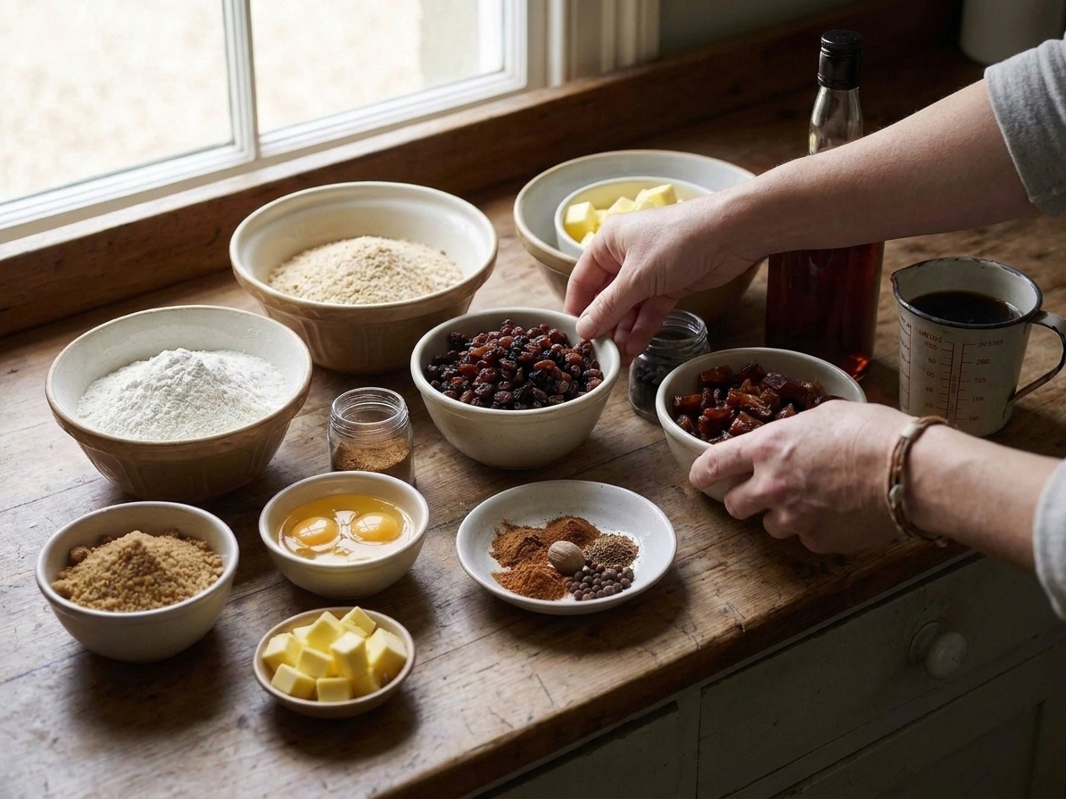 Measured ingredients for plum pudding arranged on a kitchen counter, including flour, breadcrumbs, brown sugar, raisins, currants, dates, spices, eggs, butter, molasses, and dark rum