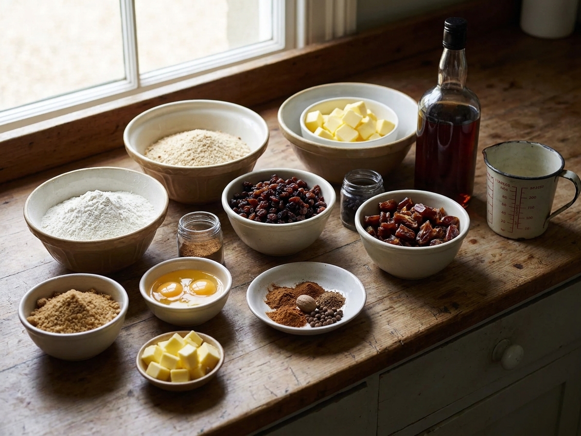 Measured ingredients for plum pudding on a kitchen counter, including flour, breadcrumbs, brown sugar, raisins, currants, chopped dates, spices, eggs, butter, and a bottle of dark rum
