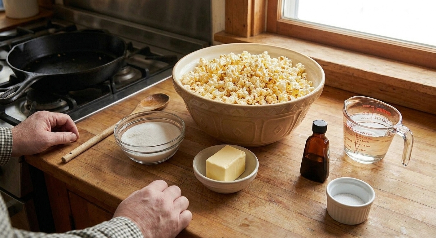 Measured ingredients for popcorn balls including popped popcorn, butter, sugar, corn syrup, vanilla, and salt arranged on a clean kitchen counter