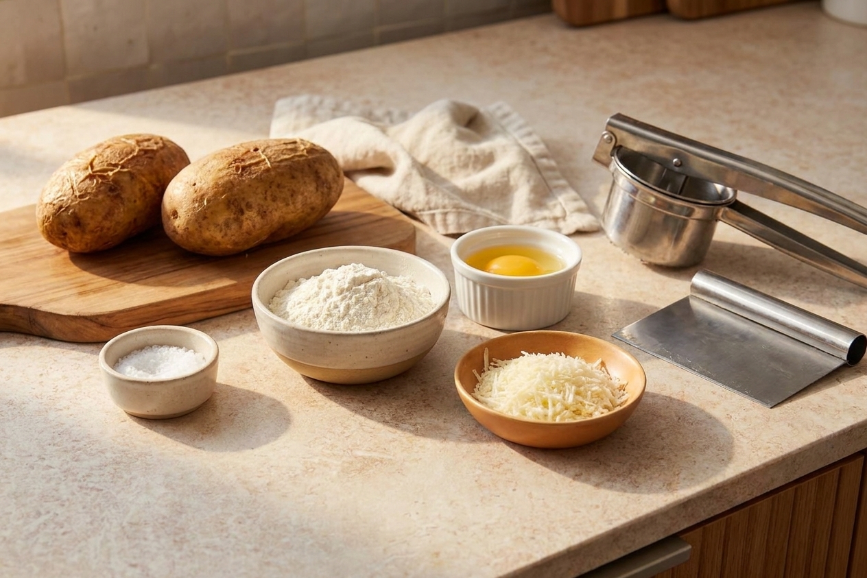 Measured ingredients for potato gnocchi on a warm kitchen counter, including baked russet potatoes, flour, an egg, salt, and grated Parmesan in small bowls