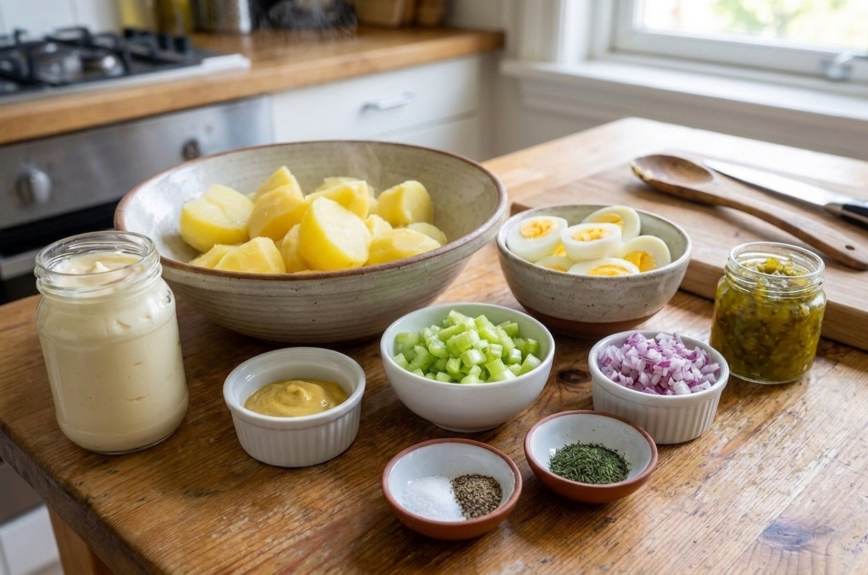 Measured ingredients for potato salad including boiled potatoes, hard-boiled eggs, mayonnaise, mustard, celery, red onion, and pickle relish arranged on a kitchen counter