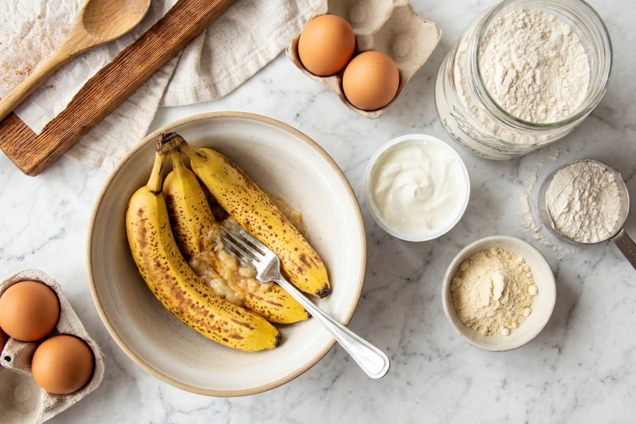 Measured ingredients for protein banana bread arranged on a clean kitchen counter, including ripe bananas, flour, eggs, Greek yogurt, and a small bowl of protein powder