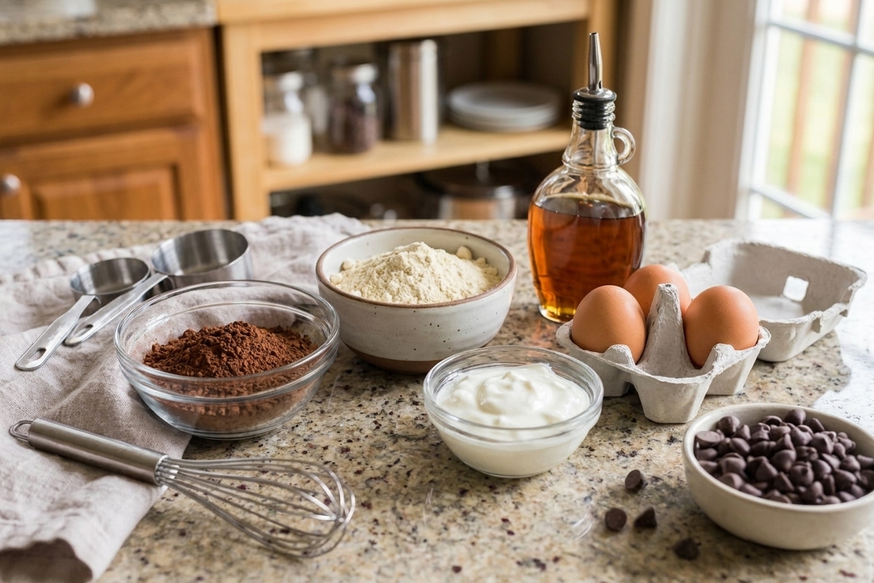 Measured ingredients for protein brownies, including cocoa powder, protein powder, Greek yogurt, eggs, maple syrup, and chocolate chips arranged on a kitchen counter