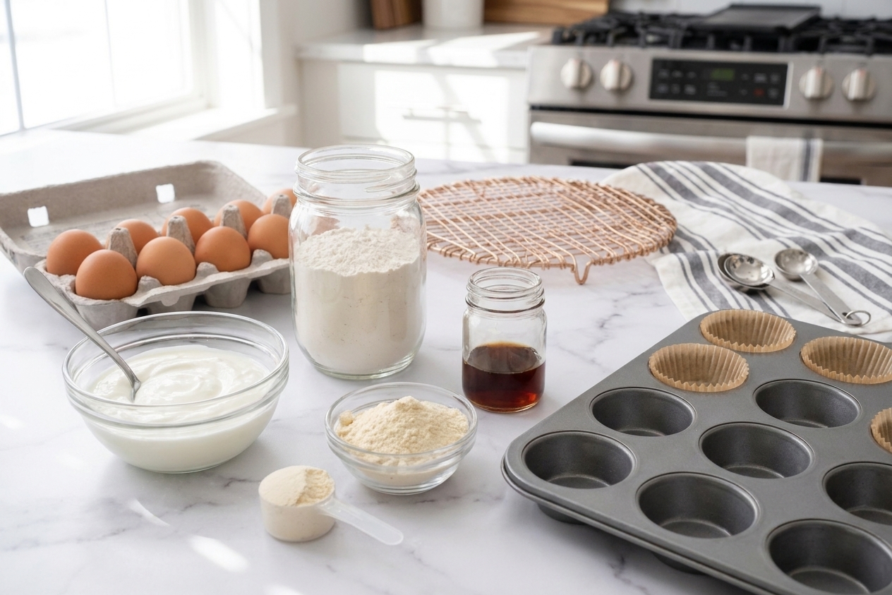 Measured ingredients for protein muffins on a bright kitchen counter including Greek yogurt, eggs, flour, vanilla, protein powder, and a muffin tin