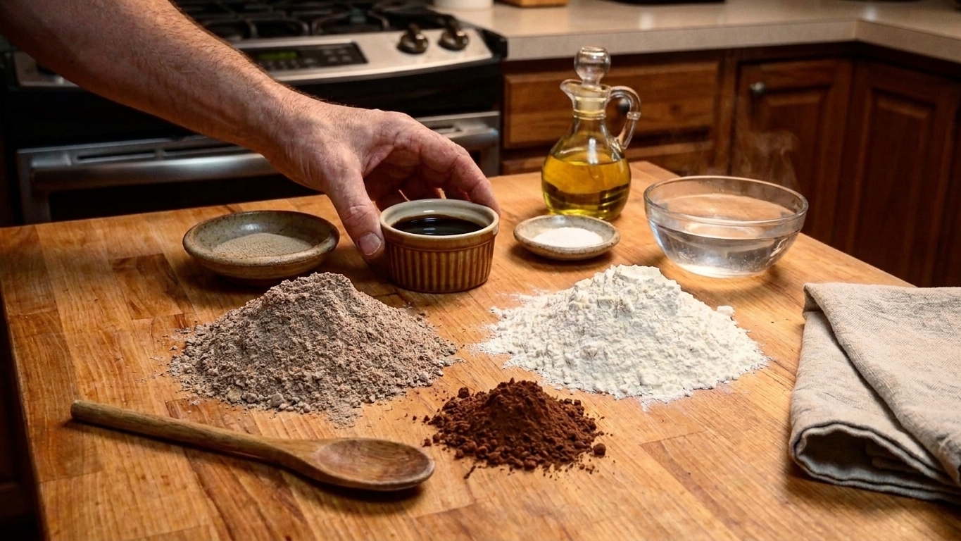 Measured ingredients for pumpernickel bread on a kitchen counter including rye flour, bread flour, cocoa powder, molasses, yeast, salt, oil, and a small bowl of warm water