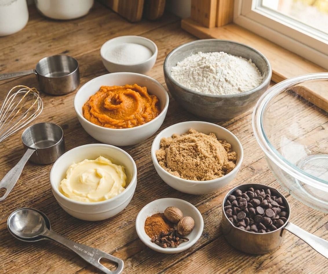 Measured ingredients for pumpkin chocolate chip cookies arranged on a kitchen counter including pumpkin puree, flour, sugars, butter, spices, and chocolate chips