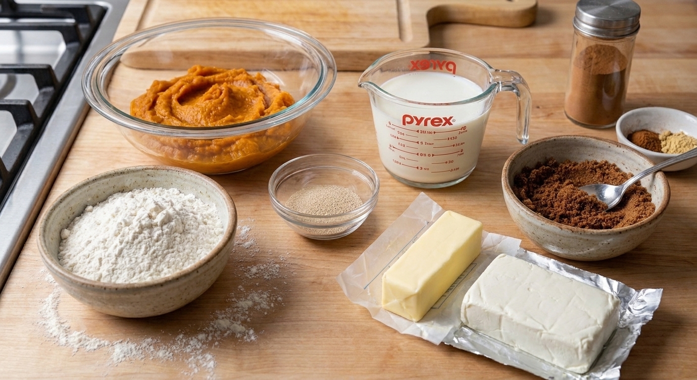 Measured ingredients for pumpkin cinnamon rolls including pumpkin puree, flour, yeast, milk, butter, brown sugar, cinnamon, and cream cheese arranged on a tidy kitchen counter