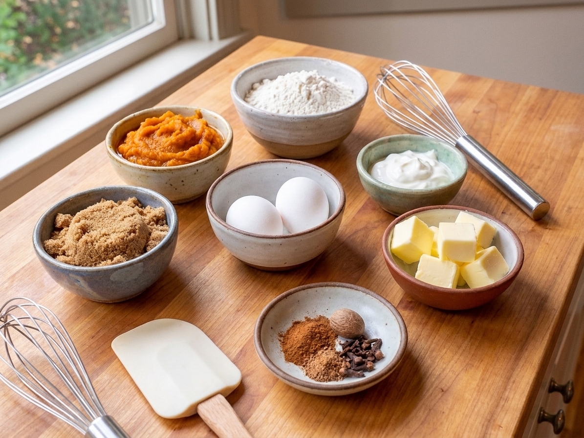Measured ingredients for pumpkin coffee cake on a light kitchen counter, including pumpkin puree, flour, brown sugar, eggs, sour cream, butter, and spices in small bowls