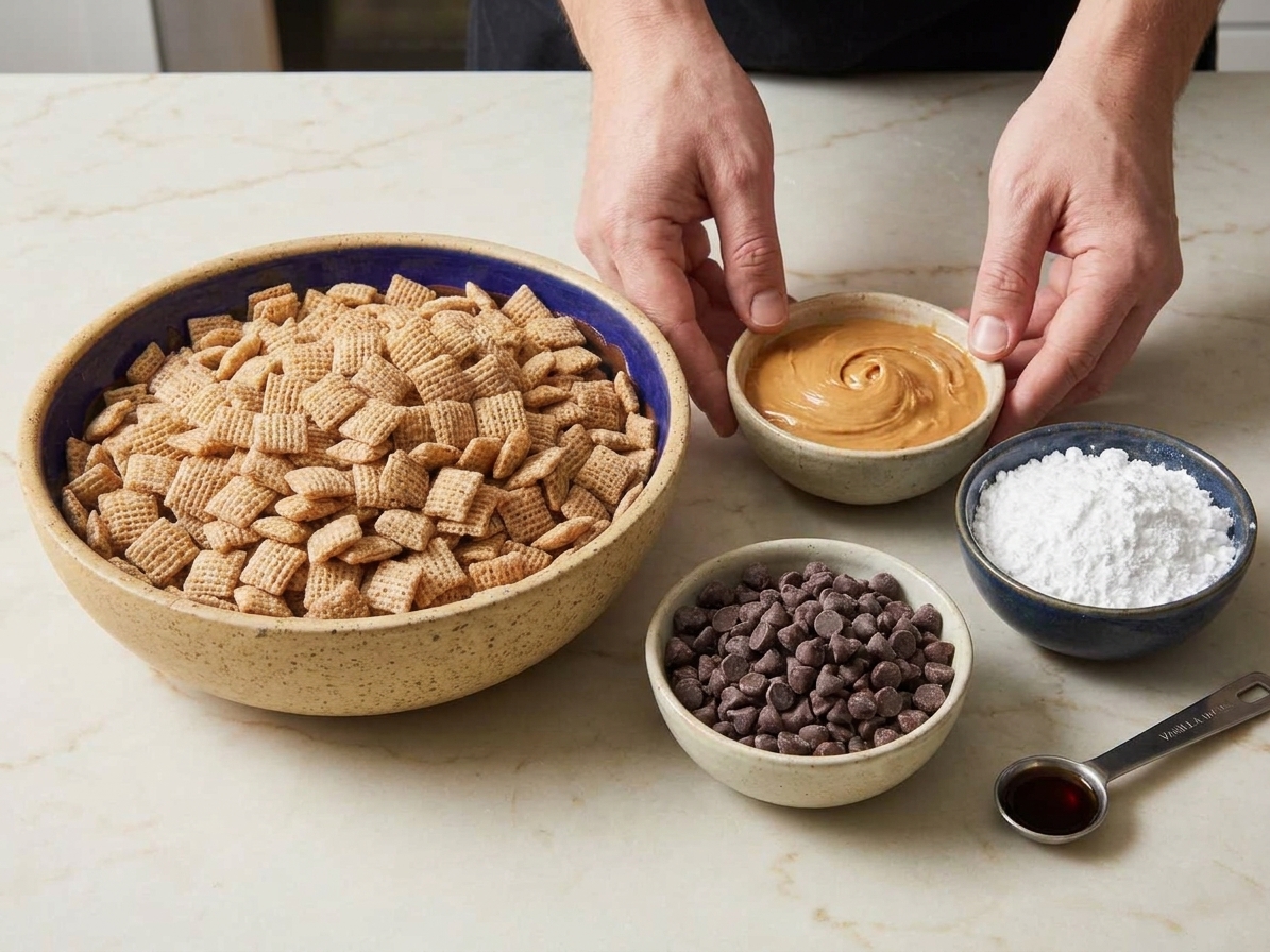 Measured ingredients for puppy chow including Chex cereal, peanut butter, chocolate chips, powdered sugar, and vanilla on a kitchen counter with warm light