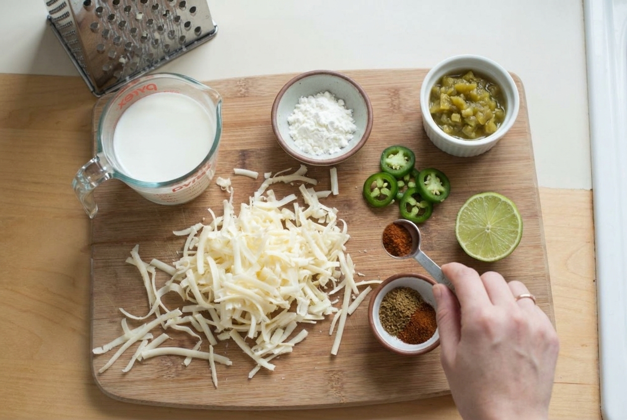 Measured ingredients for queso blanco including shredded white American cheese, milk, cornstarch, diced green chiles, jalapeno, spices, and lime on a clean kitchen counter