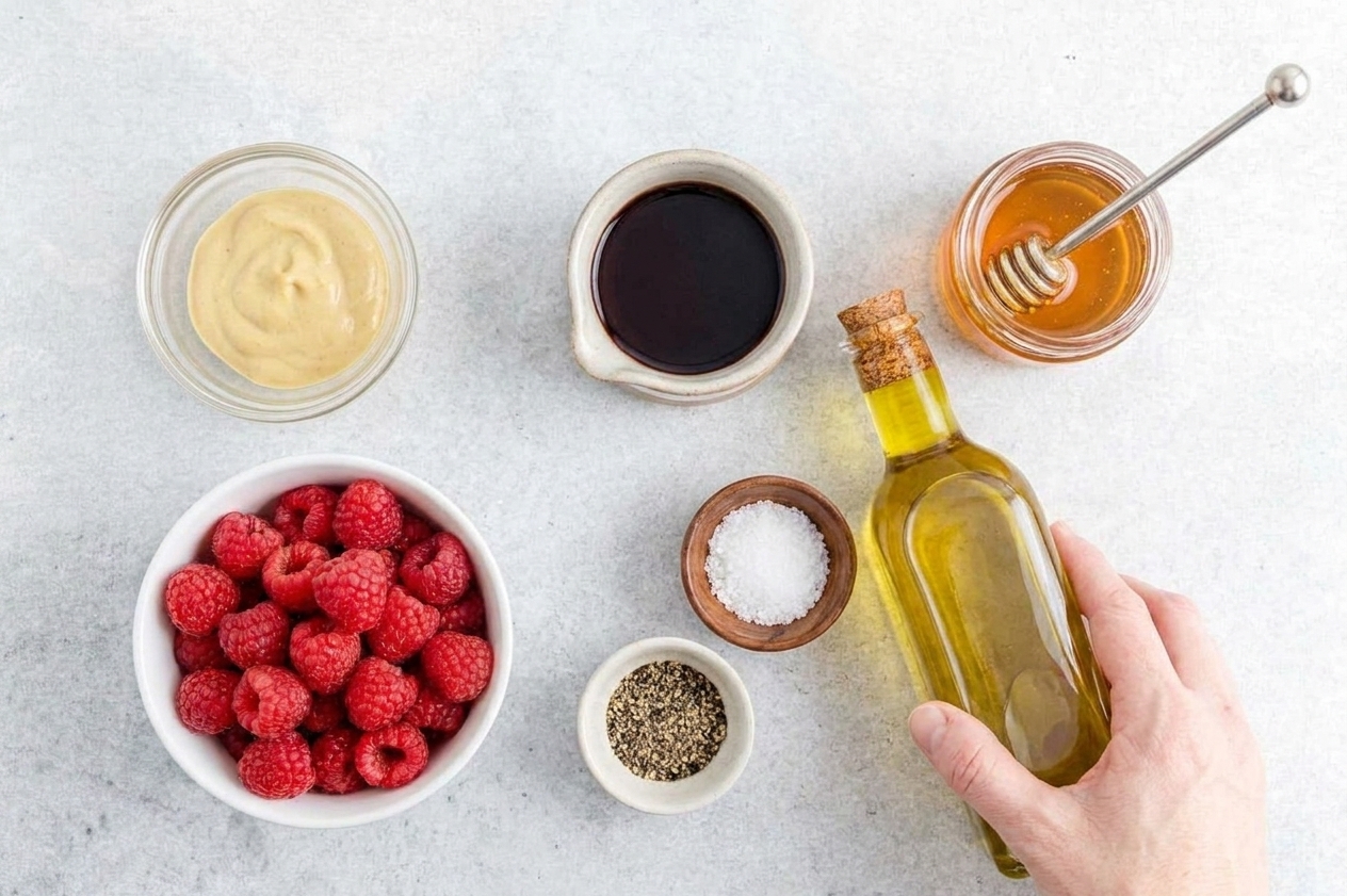 Measured ingredients for raspberry vinaigrette including raspberries, Dijon mustard, red wine vinegar, honey, salt, pepper, and olive oil on a bright kitchen counter