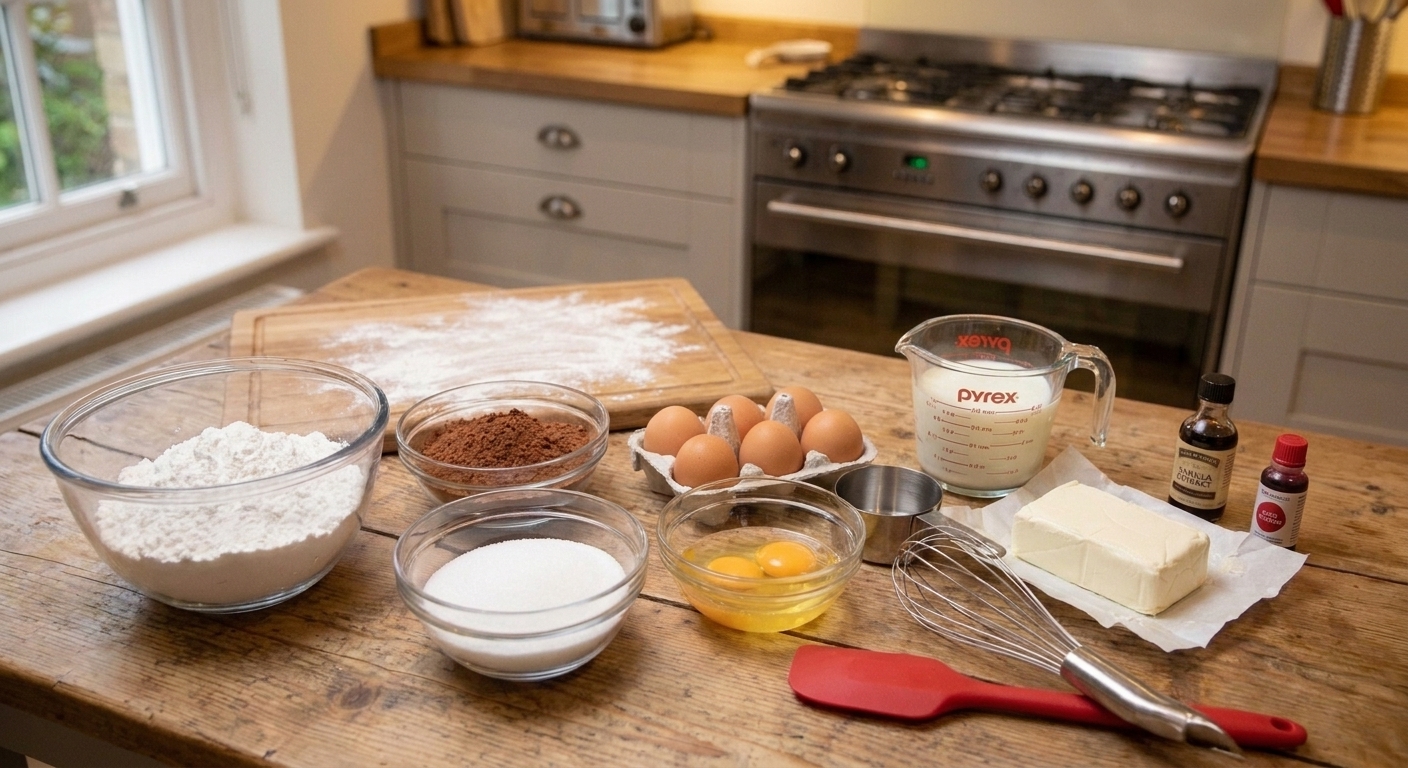Measured ingredients for red velvet cupcakes including flour, cocoa powder, sugar, eggs, buttermilk, vanilla, red food coloring, and butter arranged on a clean kitchen counter in natural light